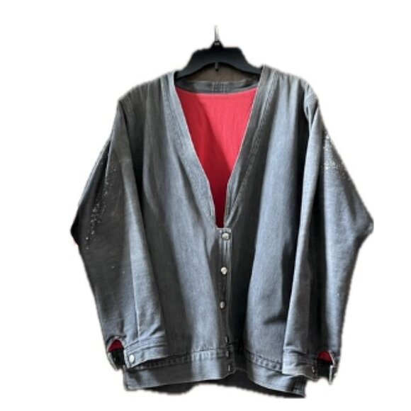 Vintage 80s dark grey and red denim jacket size Medium 8-10 - Picture 1 of 12